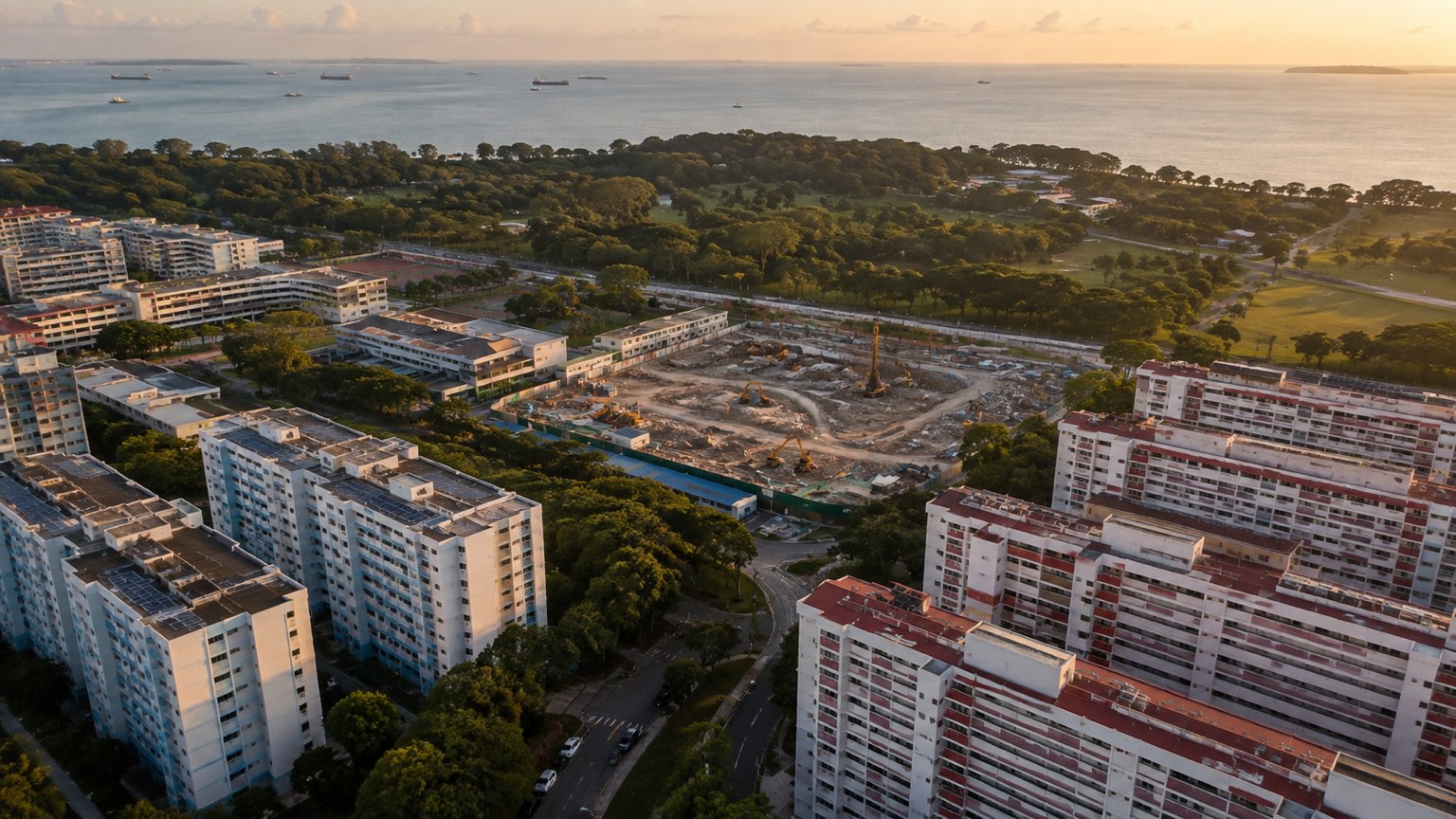Aerial view of Bedok residential estate with HDB flats, construction site, East Coast Park and sea