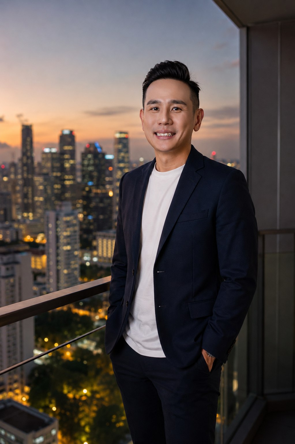 Benjamin Loy on a high-floor Singapore balcony overlooking the city at night