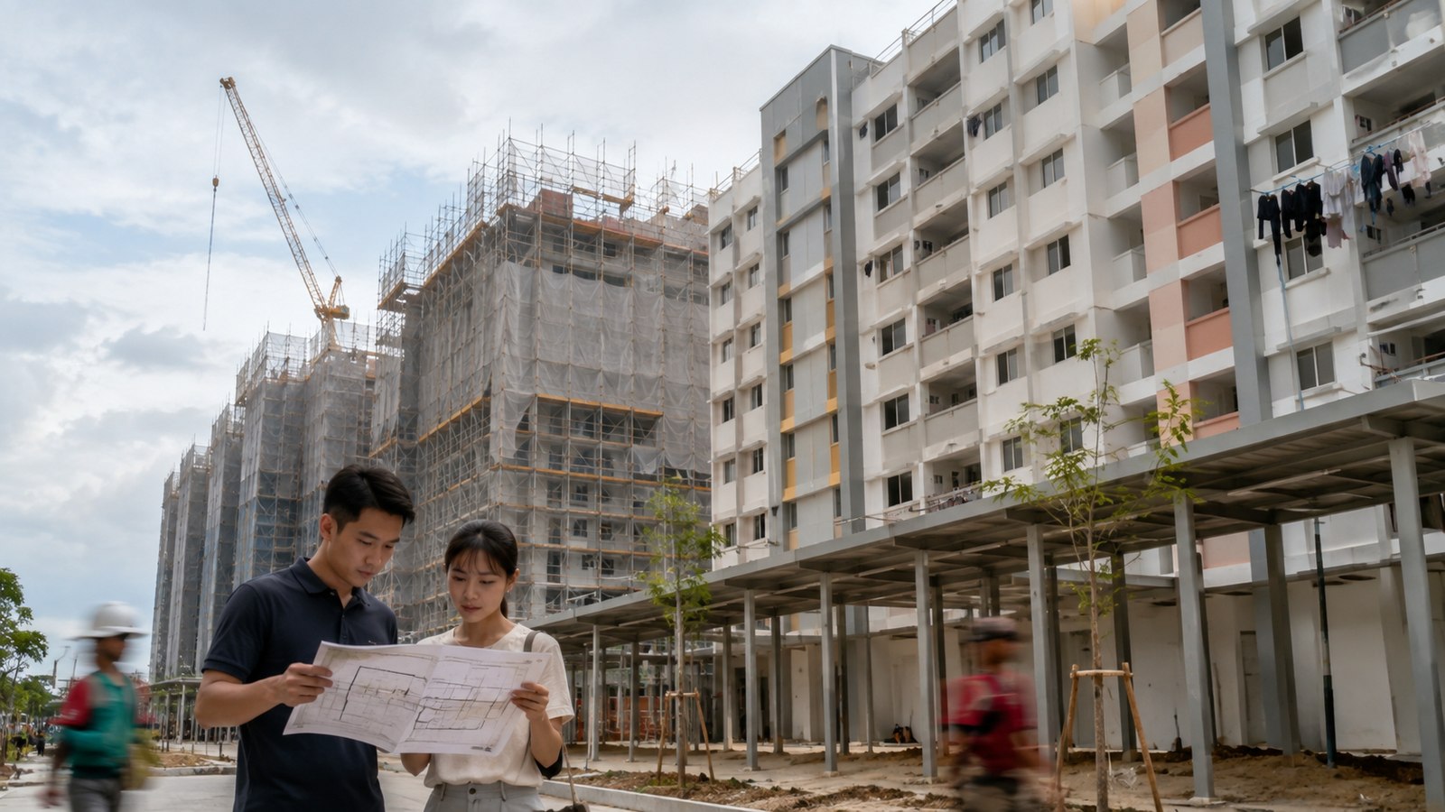 Singapore HDB Build-To-Order flats under construction with a young couple reviewing floor plans, representing the raised income ceiling announced at National Day Rally 2026