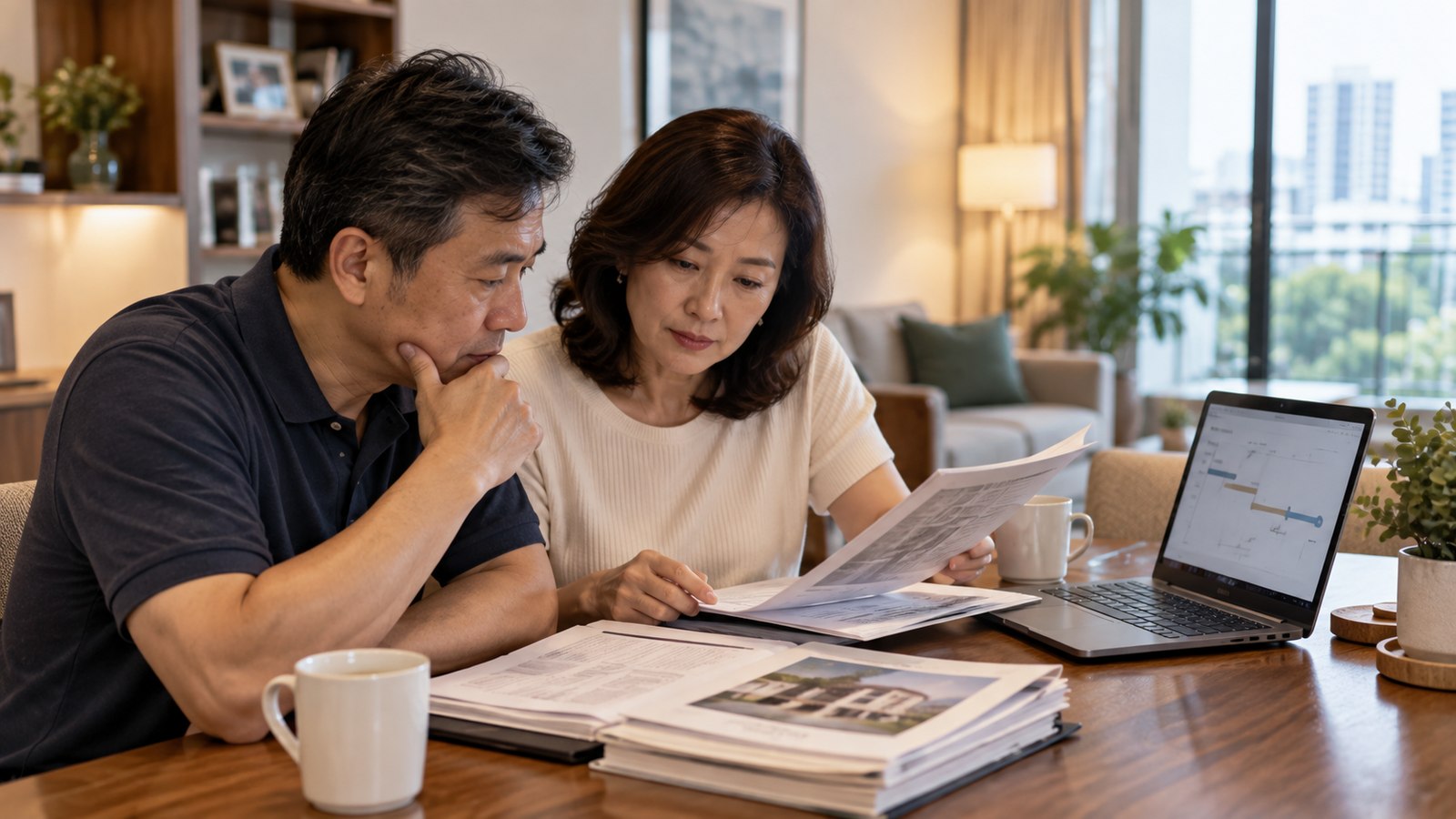 Singaporean couple in their 50s reviewing property documents and retirement planning materials at home