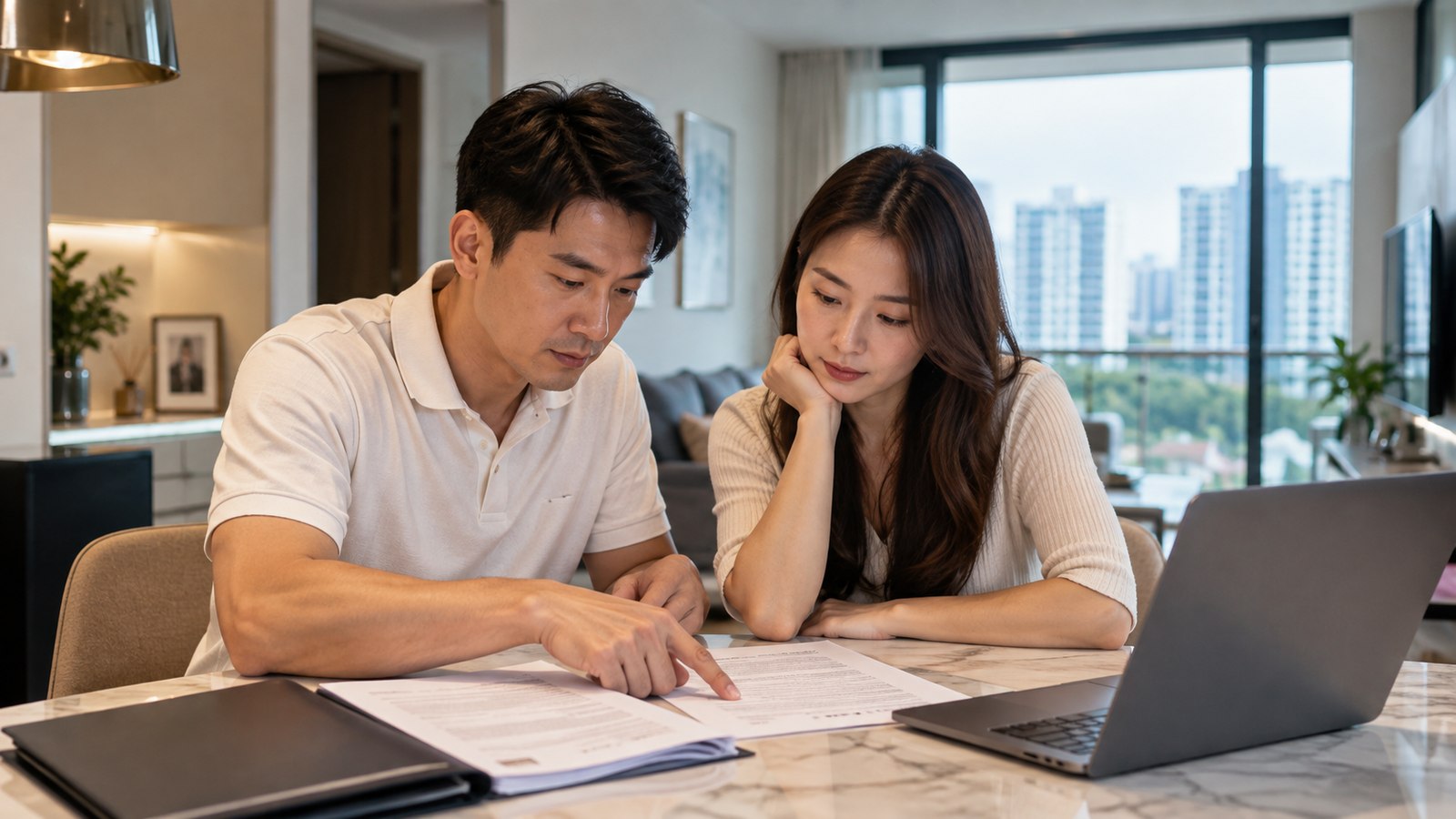 Singapore married couple reviewing property title documents together at home with Singapore skyline visible through window