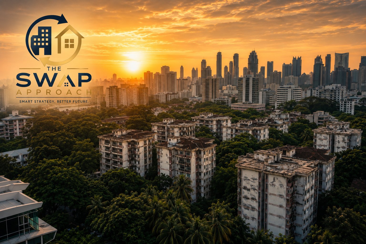 Singapore en bloc — ageing condominiums and the city skyline at sunset