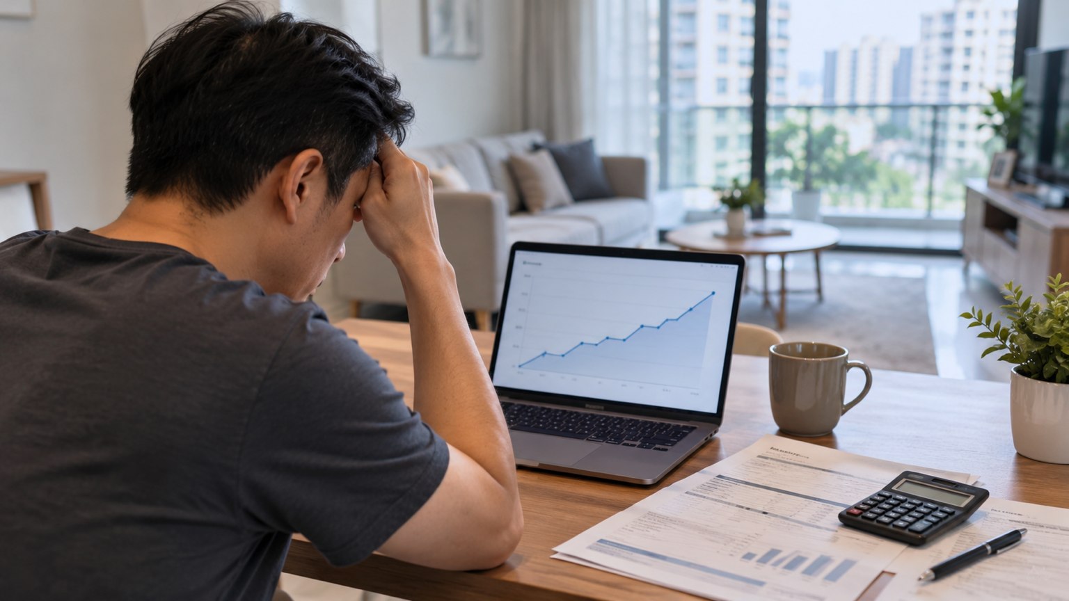 Singapore homeowner looking at a rising interest rate chart on a laptop with mortgage documents and calculator on the table