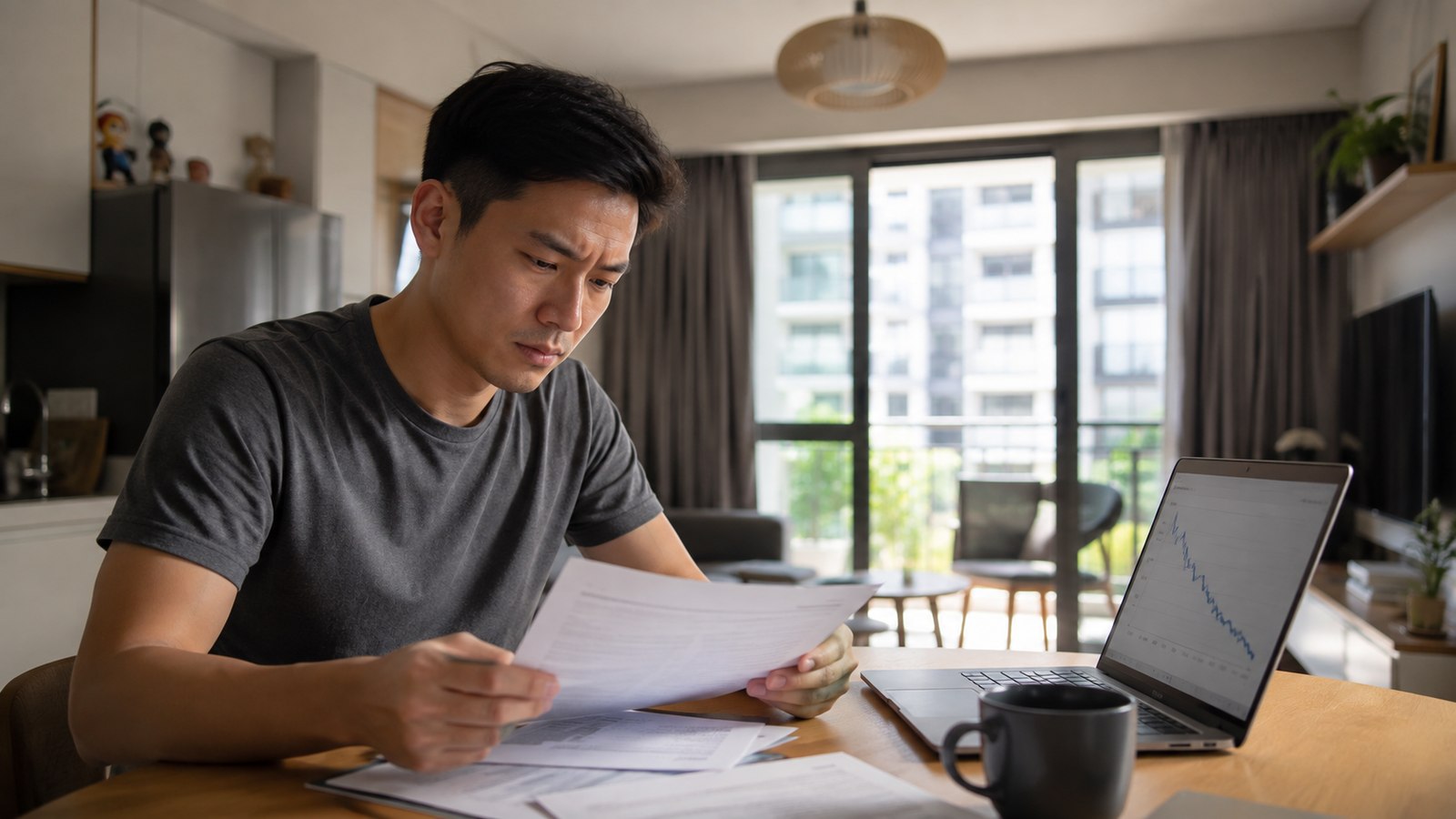 Singapore homeowner reviewing mortgage documents and interest rate chart at home