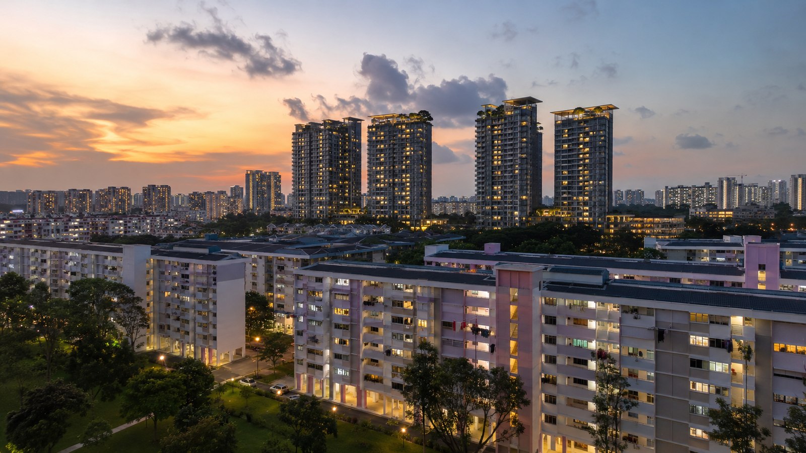 Singapore HDB estate at dusk with private condominium towers in the background