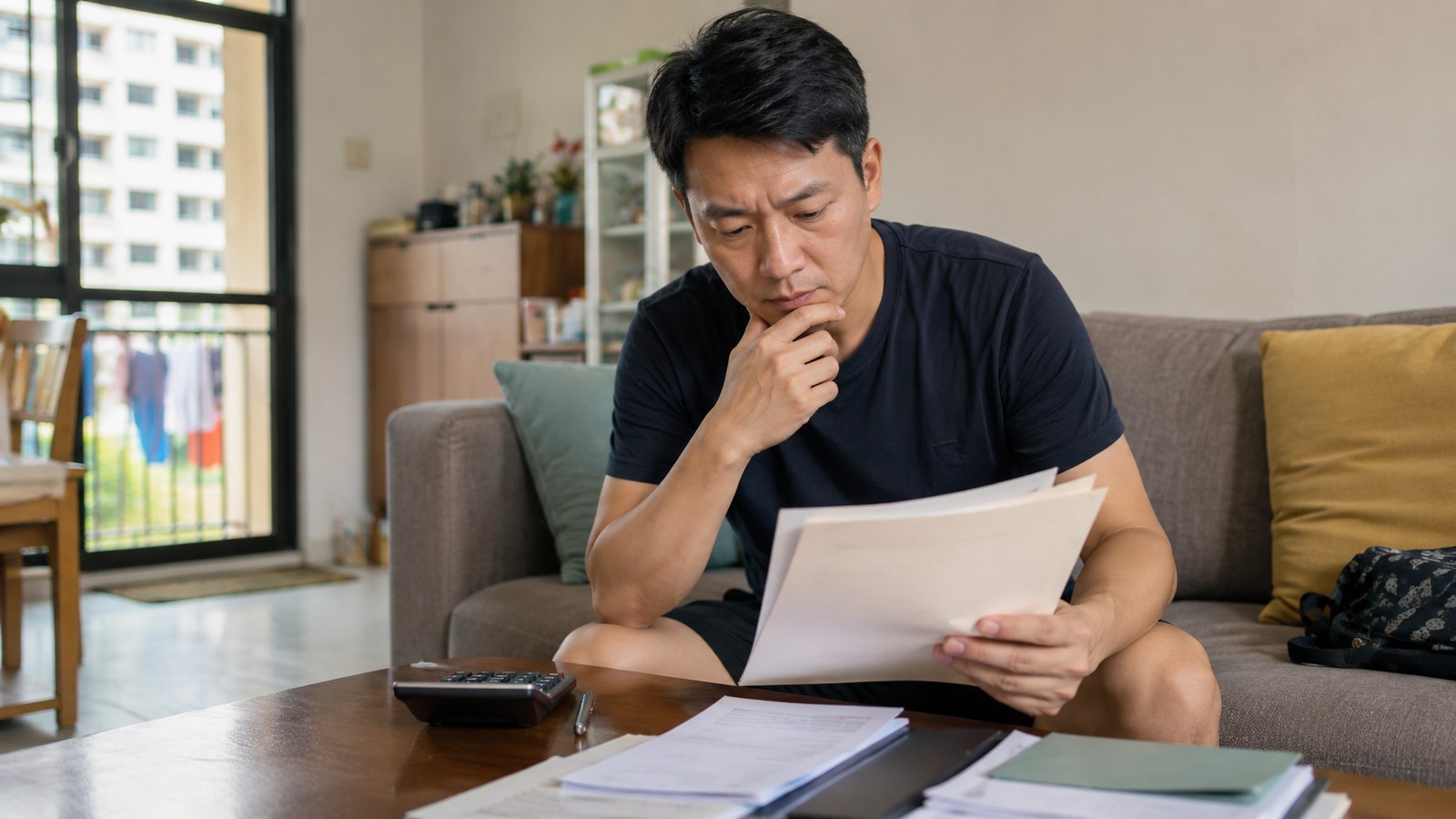 Singapore HDB flat owner reviewing financial documents at home, weighing whether to upgrade to private property