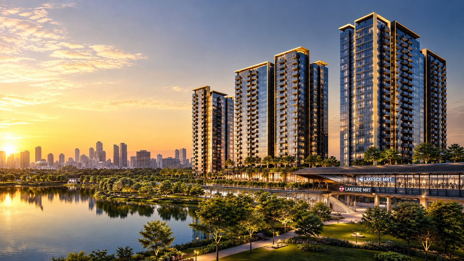 Lucerne Grand condominium towers at sunset beside Lakeside MRT station and Jurong Lake