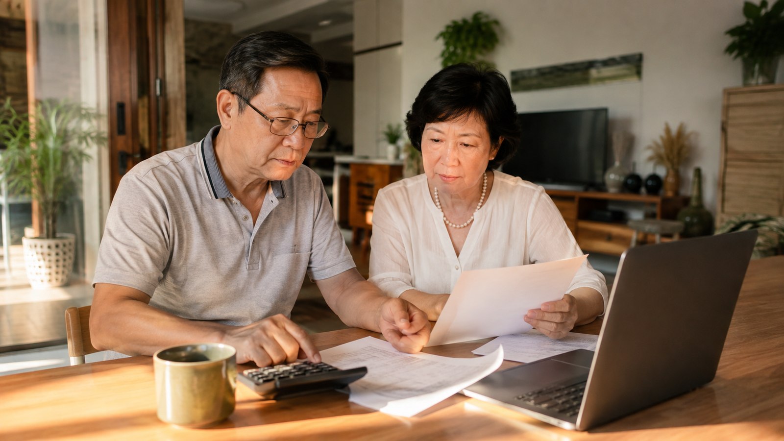 Singapore couple in their 50s reviewing retirement financial documents and property plans at home