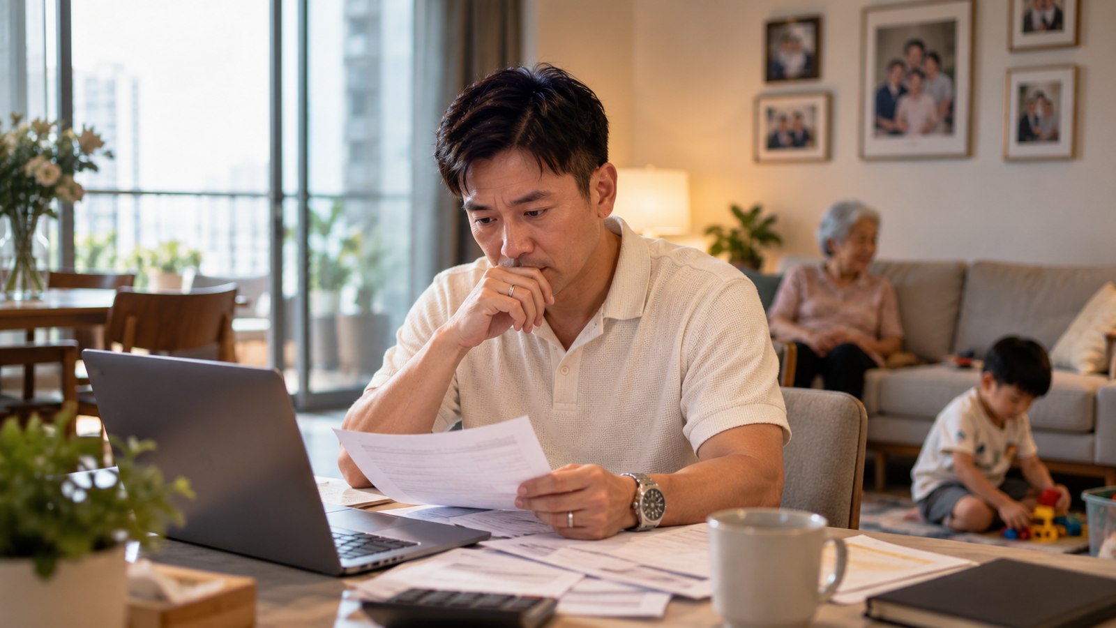 Singapore man in his 40s reviewing financial documents at home with elderly parent and young child in the background