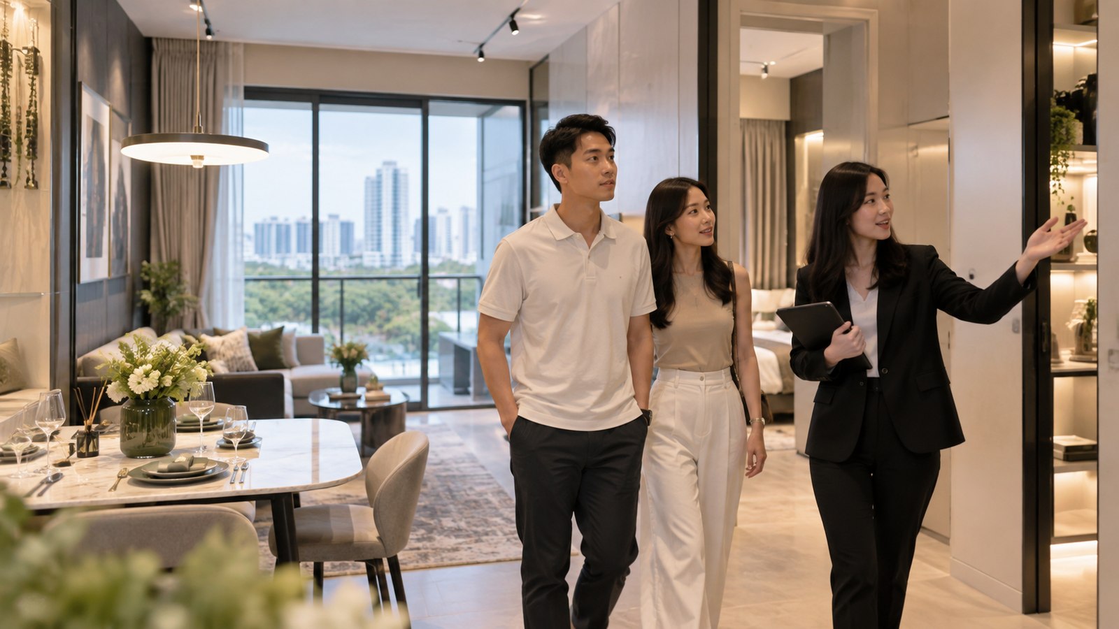 Couple being shown around a staged new launch showflat by a sales agent in Singapore